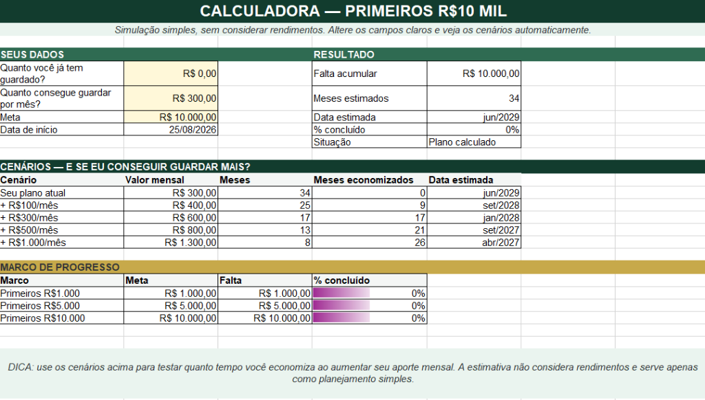 Captura real da Calculadora Financeira dos Primeiros R$ 10 Mil